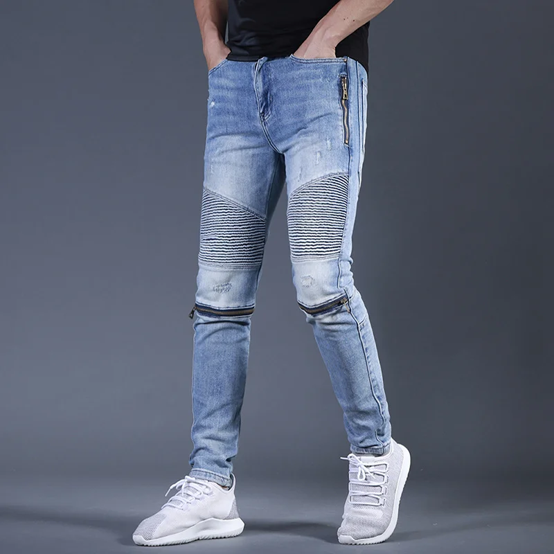 Thin Summer Slim Pencil Jeans Men Zipper Design Stretch Casual Trousers Biker Denim Pants Male