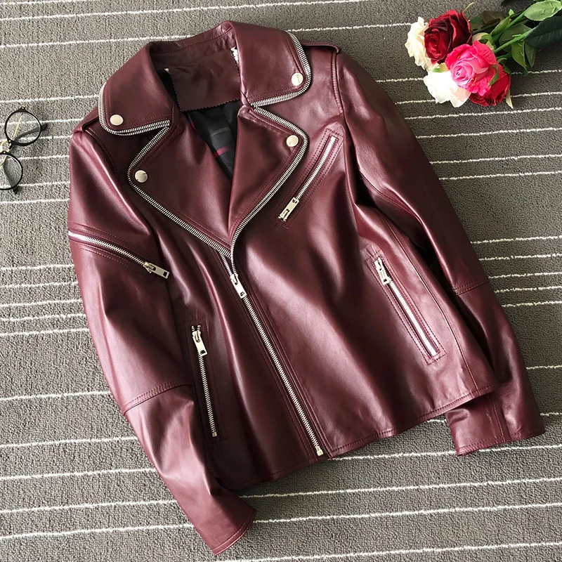 Chính Hãng Áo Khoác Da Nữ Cổ Điển Nữ Moto Biker Áo Khoác 2021 Mùa Xuân Mới Thu Vintage Burgundy Rời Áo Khoác Ngoài