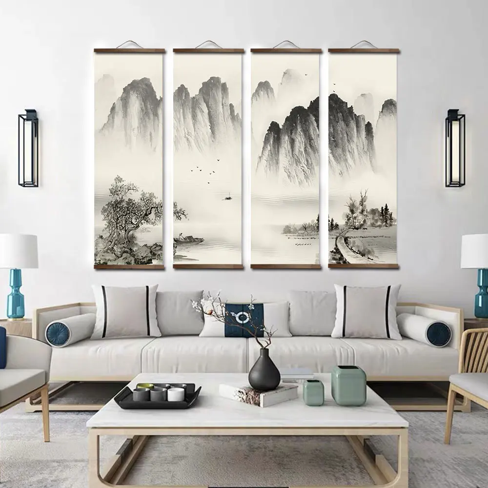 Traditional Chinese Style Ink Painting Alpine Landscape Canvas Decorative Painting Bedroom Living Room Wall Art Posters Unframed