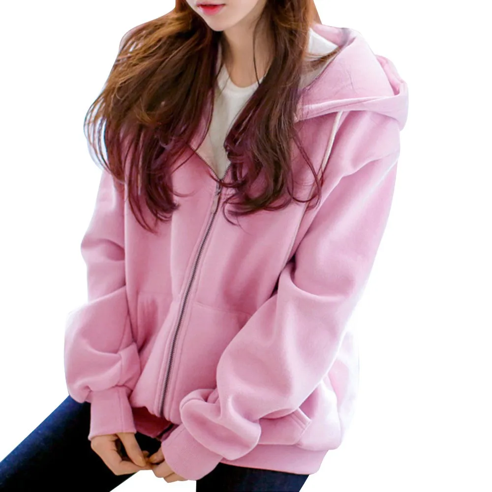 Korean Fashion Hoodies Women Solid Color Zip Up Pocket Oversized Sweatshirts Female Long Sleeve Hooded Jacket Coat Pink Зип Худи