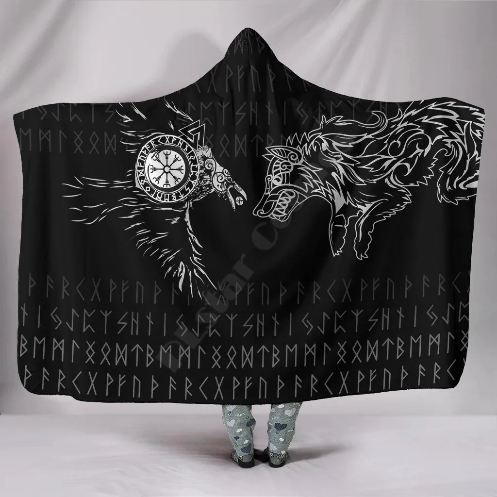 

Viking Hooded Blanket Raven and Wolf Special Tattoo 3D Printed Wearable Blanket Adults For Kids Hooded Blanket Fleece blanket