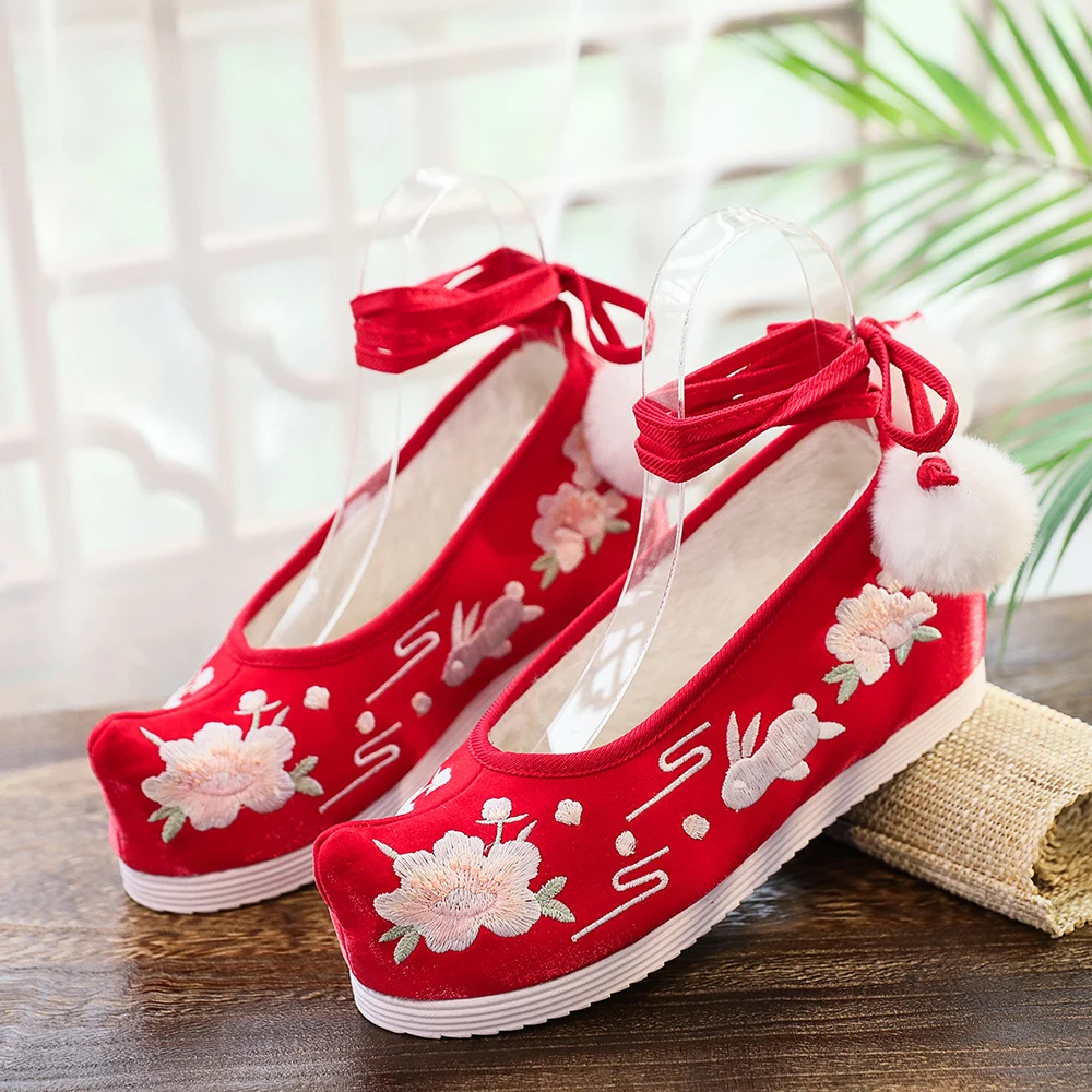 Veowalk Winter Women Warm Furry Plush Lining Satin Cotton Platform Shoes Ankle Strap Low Top Ladies Casual Embroidered Sneakers