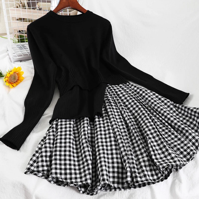 

new women plaid black dress stitching knitted dress female