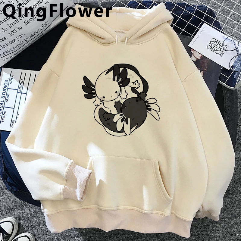 Funny Cartoon Axolotl Kawaii Graphic Unisex Hoodies Women Cute Anime Streetwear Winter Warm Sweatshirt Manga 90s Hoody Female