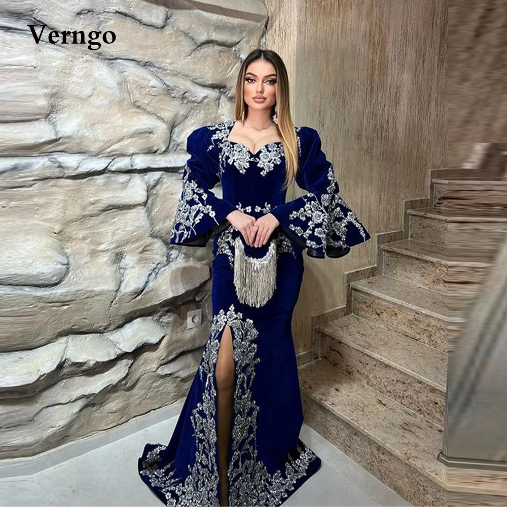 Verngo Dubai Kaftan aksamitne niebieskie suknie wieczorowe w stylu królewskim syrenka z długimi rękawami aplikacja rozcięcia po bokach arabski kobiety wyjściowa sukienka na studniówkę