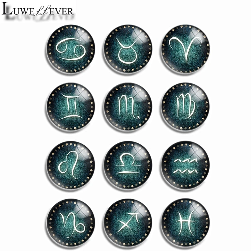 

10mm 12mm 14mm 16mm 20mm 25mm 393 12pcs/lot Zodiac Mix Round Glass Cabochons Jewelry Findings 18mm Snap Button Charm Bracelet