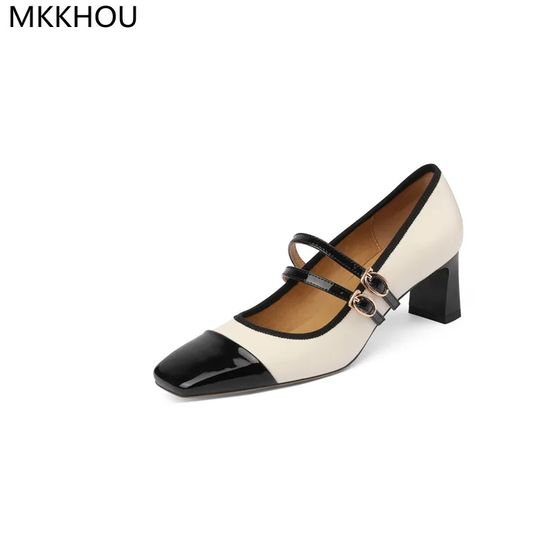 

MKKHOU Fashion Pumps New Style Small Square Toe Color Matching Shallow Mouth Mary Janes Shoes Double Strap Mid-Heel Women Shoes