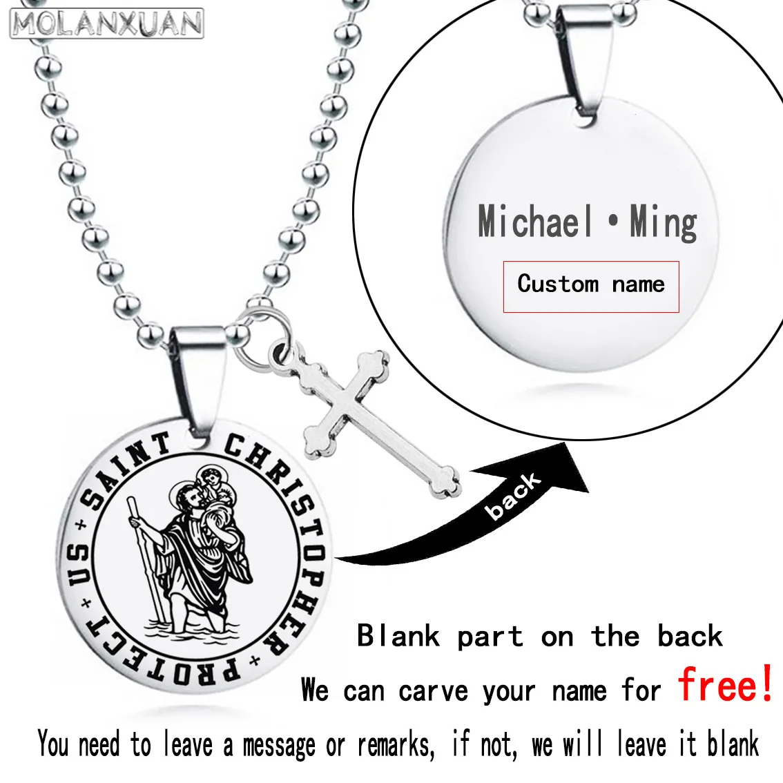 Saint Christopher protect us keychain Stainless Steel Necklace Men Catholic Cross Pendant free engraving Travel blessing jewelry