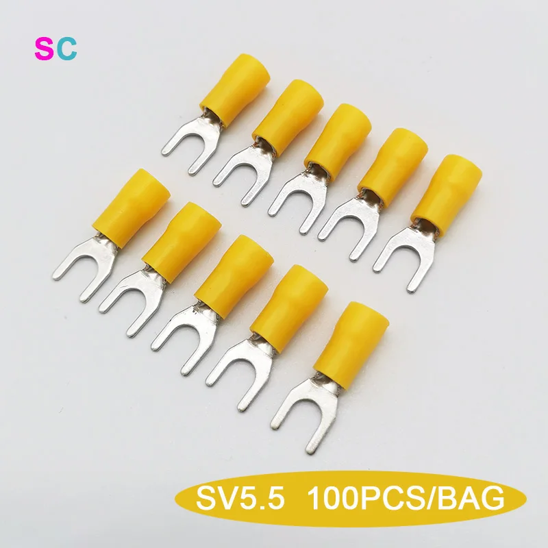 

SV5.5 Type Yellow Fork Cable Connector 100Pcs/Pack Furcate Pre-insulated Spade Wire Pressed Electrical Crimped AWG12-10 Terminal