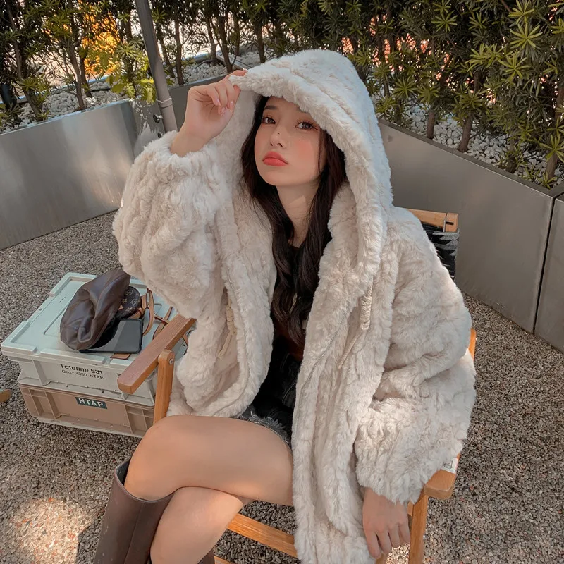 2024 Winter New Women Hooded Faux Rabbit Fur Coat Korean Pink Apricot Purple Zipper Long Sleeve Casual Female Warm Plush Outwear