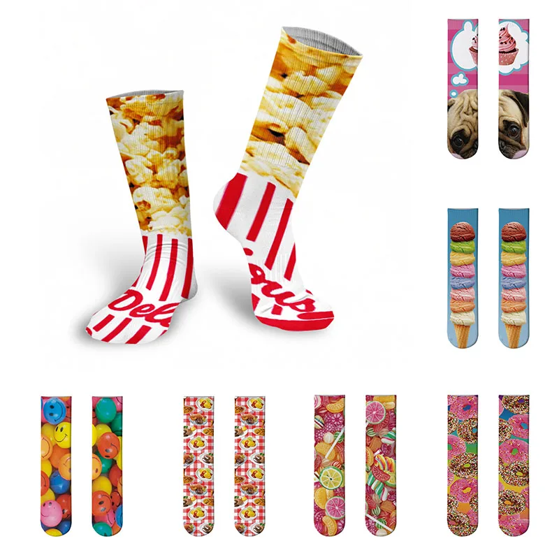 New Style 3D Printed Women Long Socks Creative Donut Ice Cream Harajuku Funny Food Street Casual Cotton Girl Knee Calf Socks