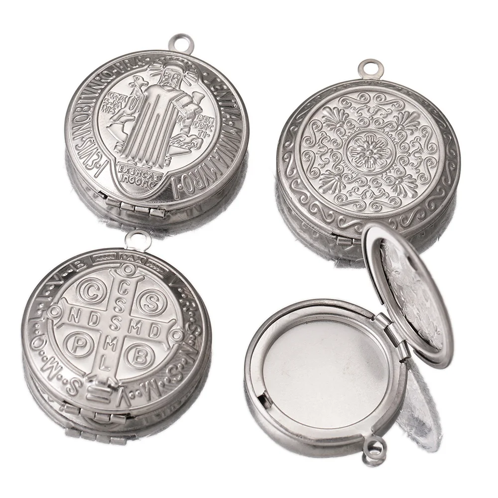 Stainless Steel Carved Designs Round Photo Frame Pendant Necklace Charms Locket Necklaces Women Men Jewelry Making Supplies