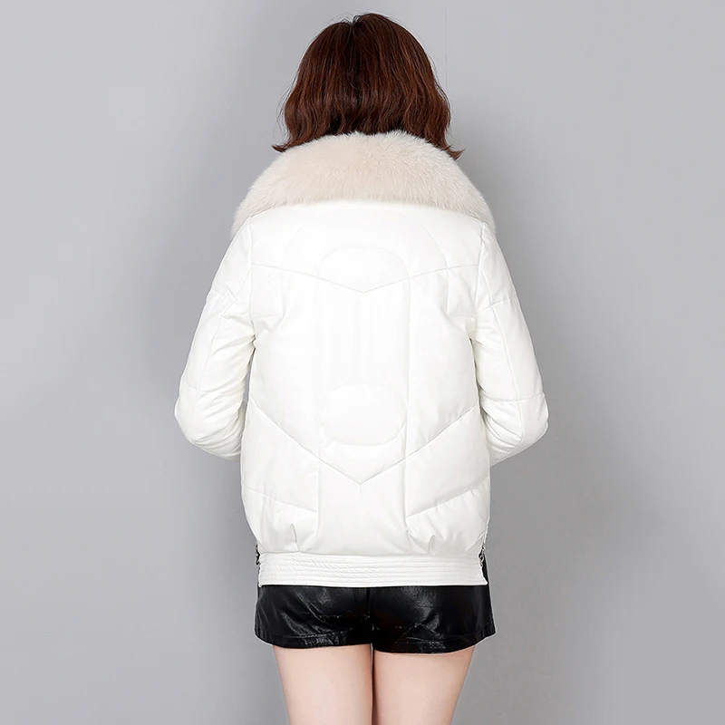 New Women Leather Down Jacket Winter Fashion Warm Real Fox Fur Collar Slim Short Sheepskin Outerwear White Duck Down Coat Female