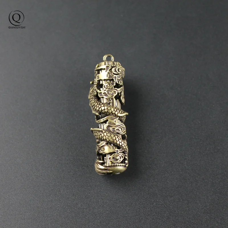 Pure Brass Cylindrical Huabiao Dragon Hollow Out Dragon Keychain Retro Copper  Hanging Car Key Chain Waist Pendant Ornament Jew