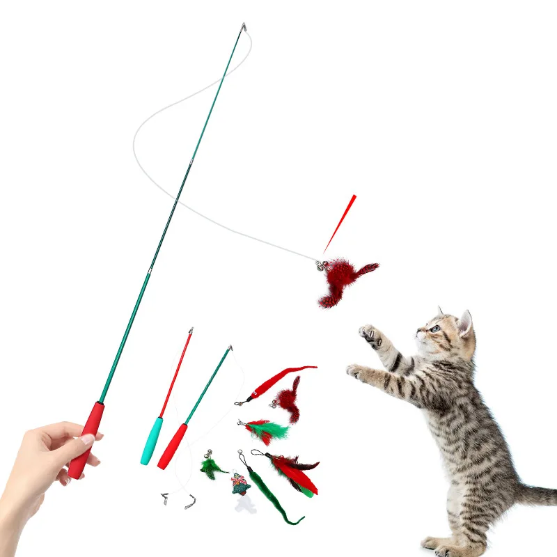 Christmas Color Three Sections Stretch Funny Cat Pole Cat Interactive Toy Three-section Retractable Funny Cat Stick 9 Suits