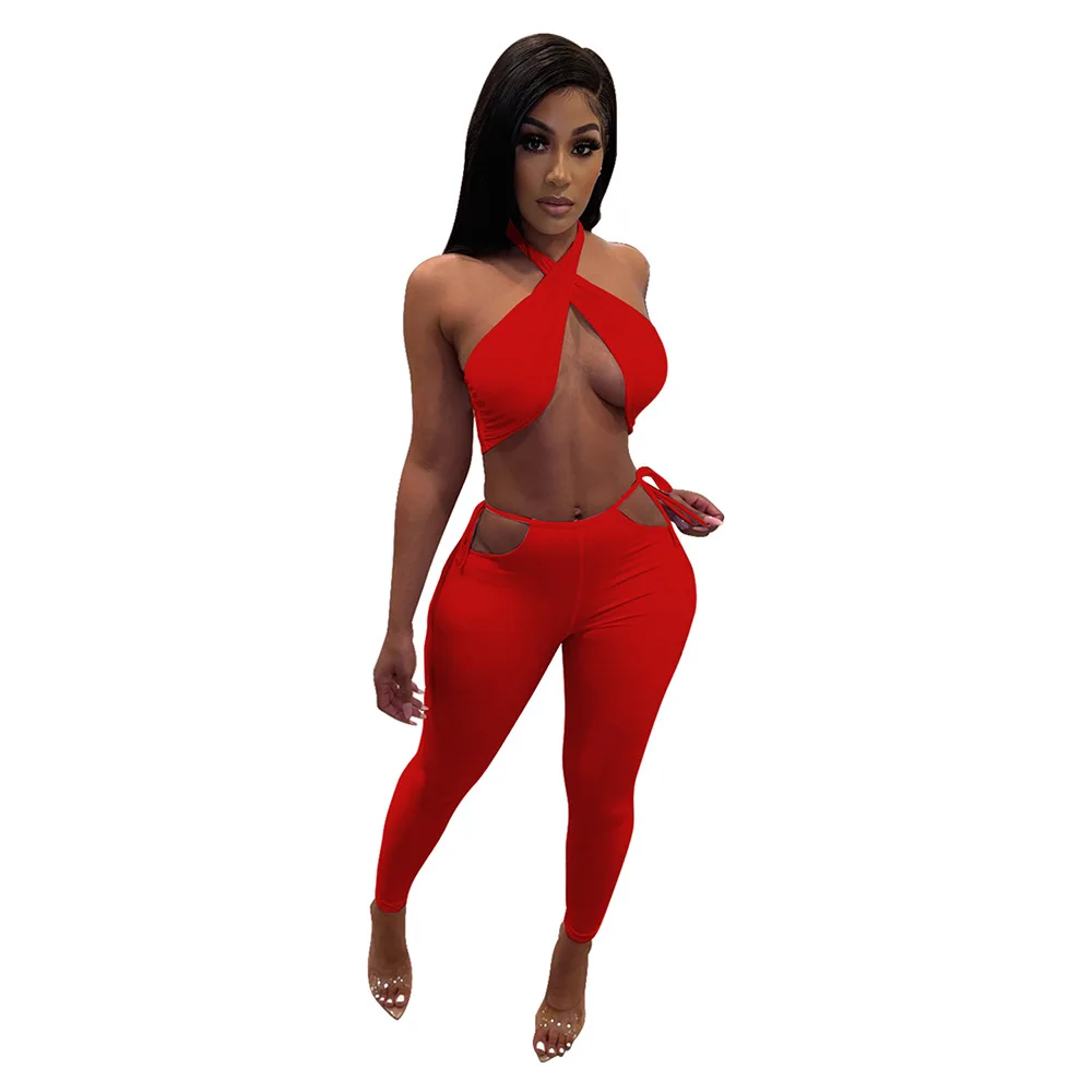 Sexy Summer Two Piece Set Women Solid Cross Halter Backless Bra Tank Tops Legging Pant Party Club Matching Set Outfit Tracksuit