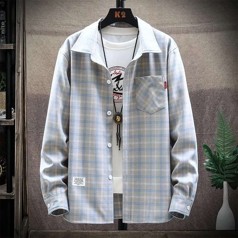 

Spring 2022 New Long-sleeve Shirt Men's Korean Fashion Loose Plaid Shirt Hong Kong Style Long-sleeve Shirt Men Drop Ship