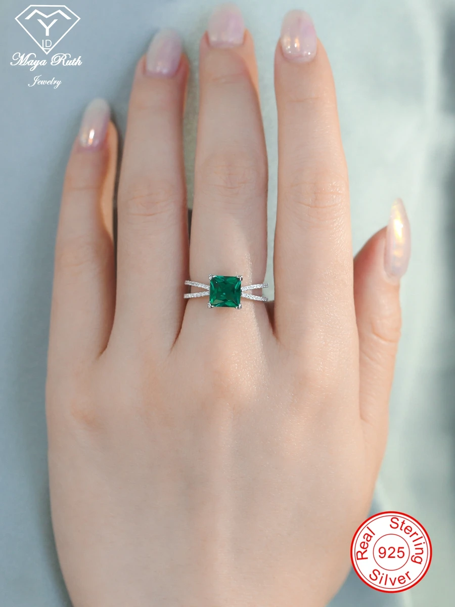 Created Emerald Gemstone Ring For Women Green Real 925 Sterling Silver Party Anniversary Female Gift Square Shape Cute Modern