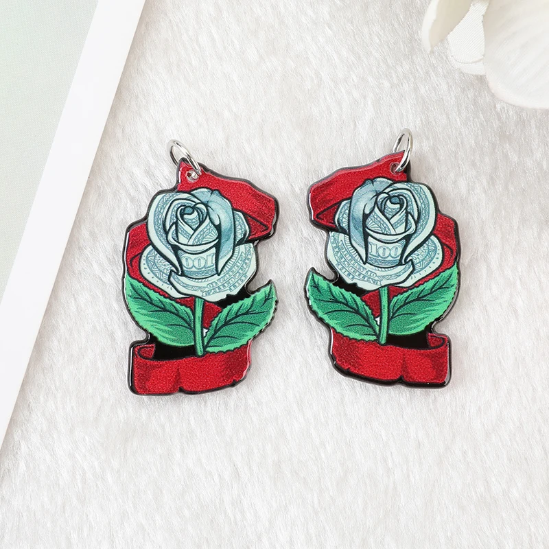 12Pcs Acrylic Charms Dollar Bill Love Paper Money Bag Logo Cash Rich Rose Pendant For Earring Necklace Diy