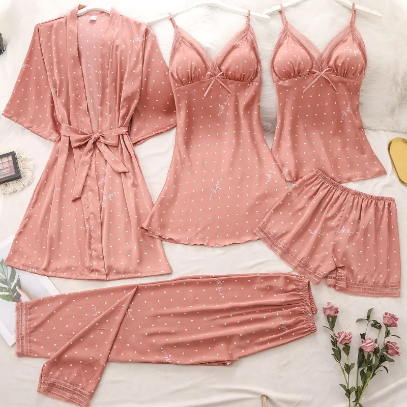 Pajamas Suit Women Sexy Pyjamas Print Polka Dot Sleepwear Loose Nightwear Satin Intimate Lingerie Casual Shirt&Pants Sets