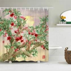 Chinese-style Printed Shower Curtain Waterproof Fabric Bathroom Plum Bossom Flowers Birds Plants  Bathtub Screen Home Decorate