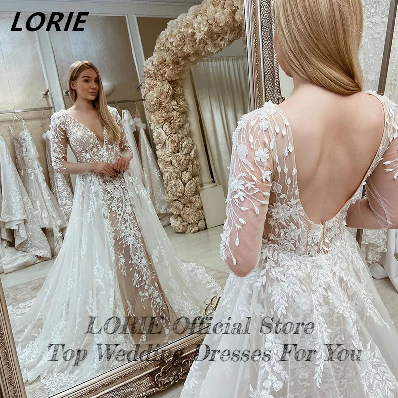 Lorie Vintage Lace Mermaid Trouwjurken V-hals Half Mouwen Backless Boho Bruidsjurken Met Applicaties Trein Bruid Jurk