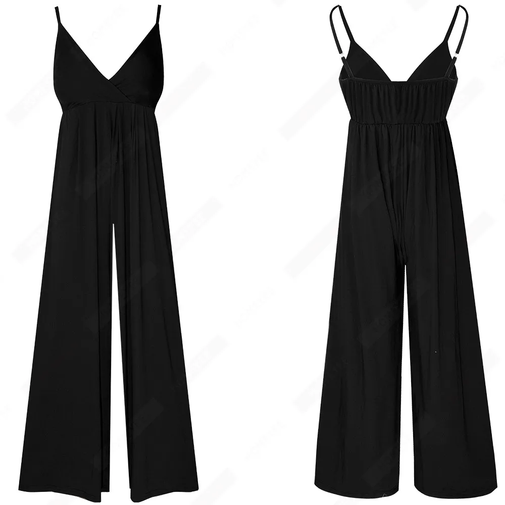 ผู้หญิงฤดูร้อน Cool สีสปาเก็ตตี้ต่ำ V คอสบายๆขากว้างกางเกง Jumpsuits 1E357