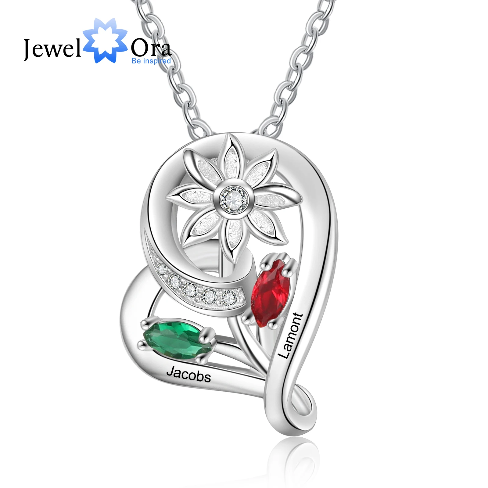 

JewelOra New Personalized Sunflower Pendant with Name Engraving Custom 2 Birthstone Heart Necklaces for Women Gifts