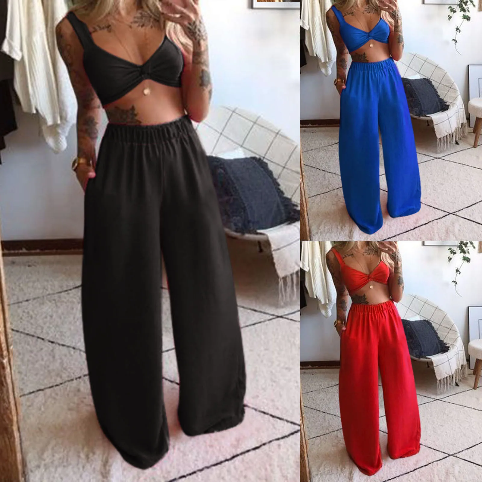 Women's Two-piece Suit Casual Solid V Neck Sexy Tops+ Wide Leg Long Pants Loose Sets Female Summer Outfits Matching Sets 2021