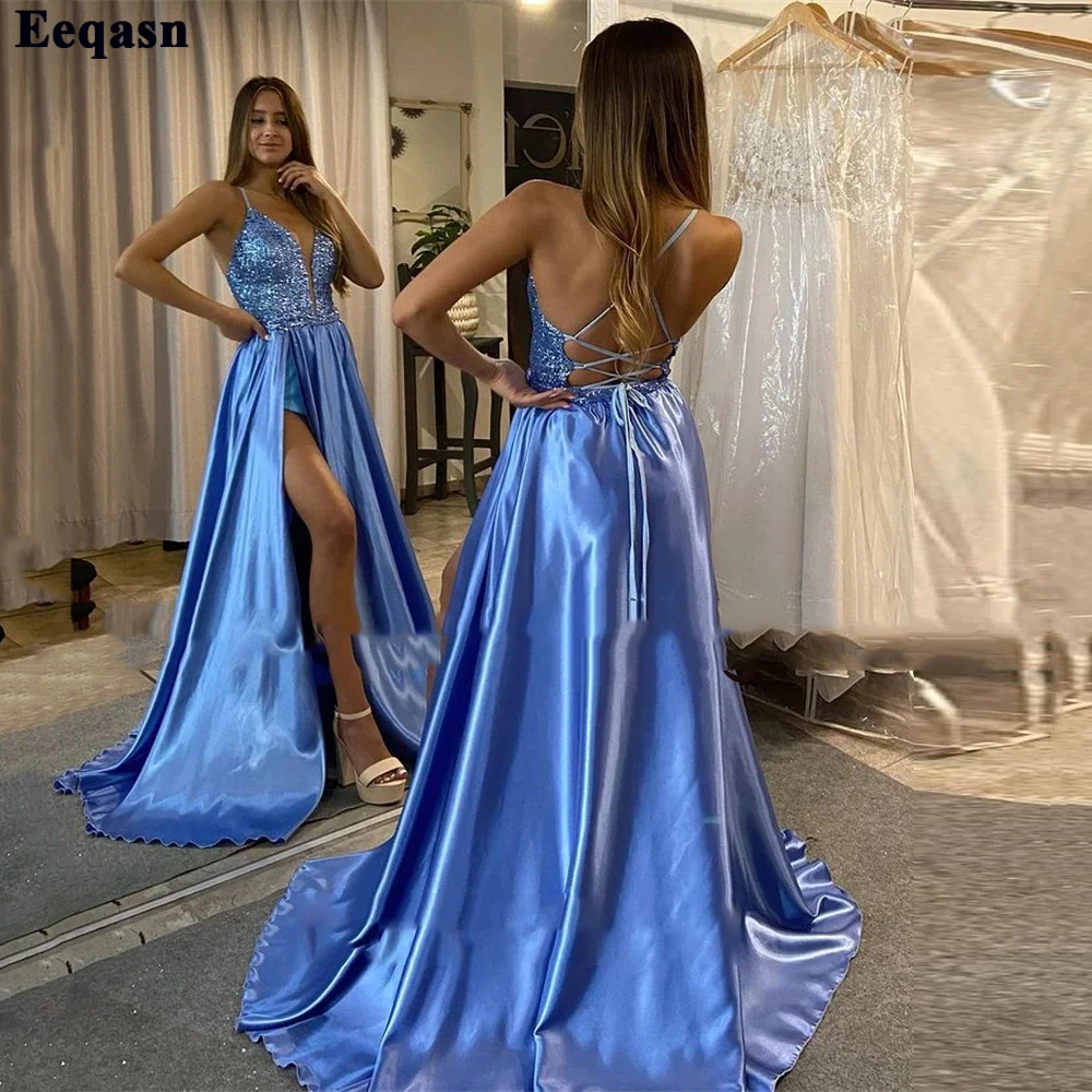 Eeqasn Blauw Glitter Sequines Satin Avondjurken Sexy V-hals Backlesswomen Avond Party Jurken Prom Gown Formele Gelegenheid Jurk