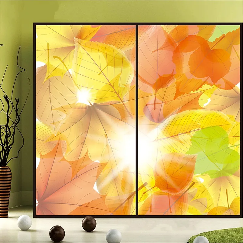 Customized Size Stained Glass Film Static Cling Frosted Background Wall Wardrobe Door Decoration Maple Leaf 50cmx100cm