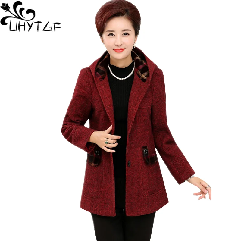 

UHYTGF Winter coat women fashion hooded casual female spring autumn woolen jacket elegant mother loose big size outerwear 1769