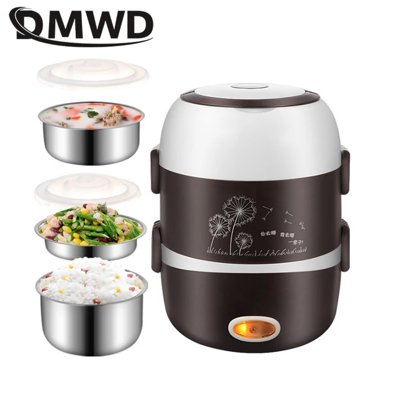 DMWD Electric Mini rice cooker 2/3 layers stainless steel liner portable egg boiler steamer food warmer lunch box multicooker 2L