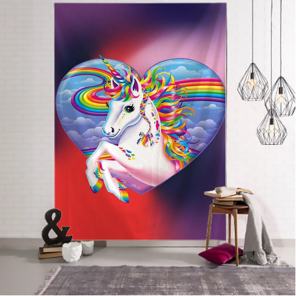 Cute Cartoon Unicorn Tapestry Wall Hanging Kids Room Decor Psychedelic Wall Carpet Camping Tent Travel Mattres