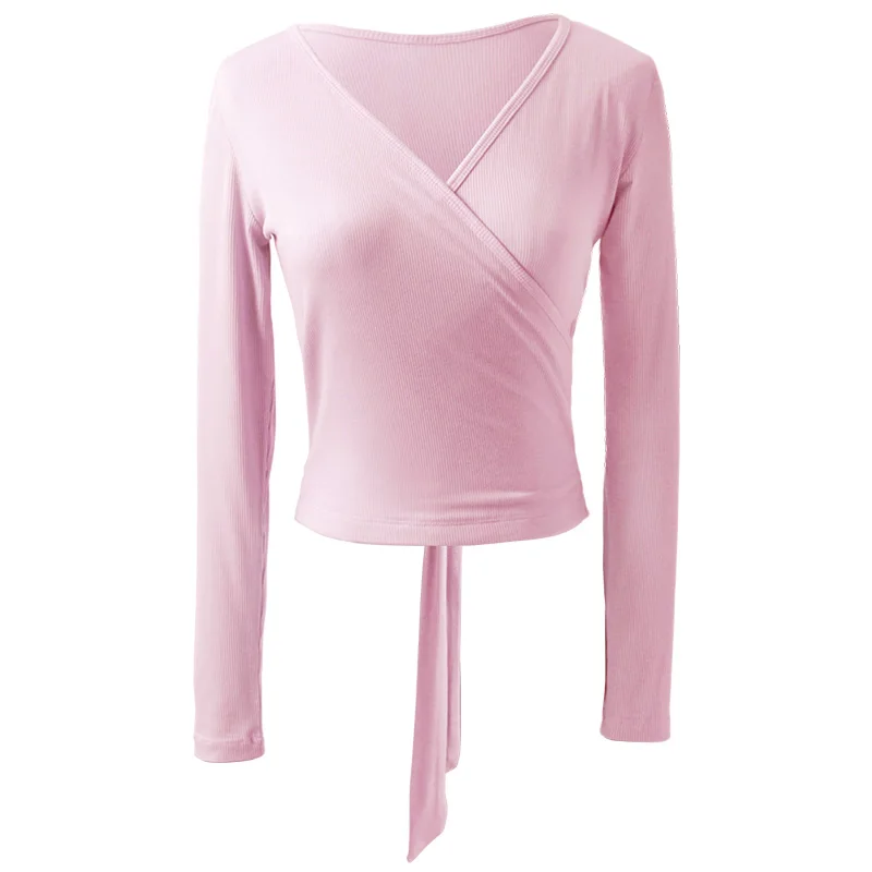 Chaqueta de Ballet para mujer, Top de baile cruzado de punto con cuello en V, camisa de baile de manga larga, Tops de Ballet de vendaje, Tops de entrenamiento, trajes de baile