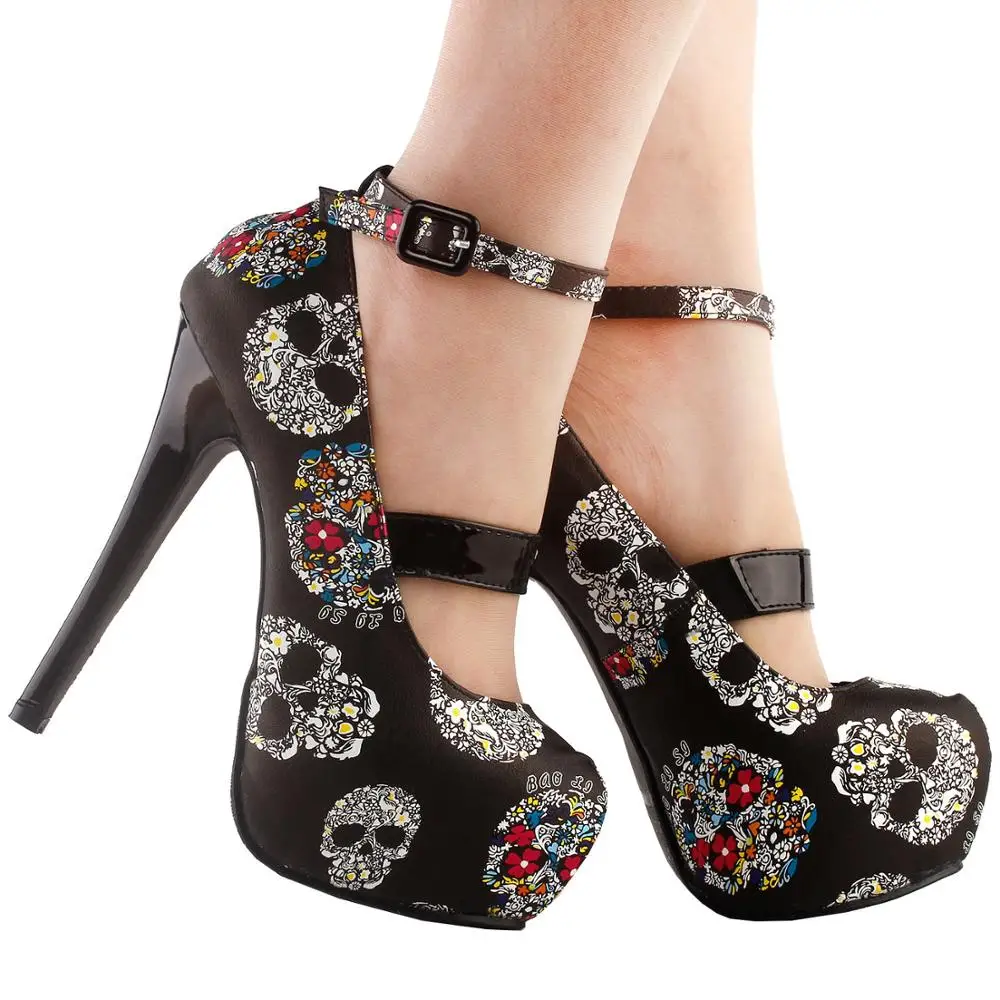 LF80873 Women Sexy Skull Print Ankle Strap Platform Stiletto Heel Dress Pumps