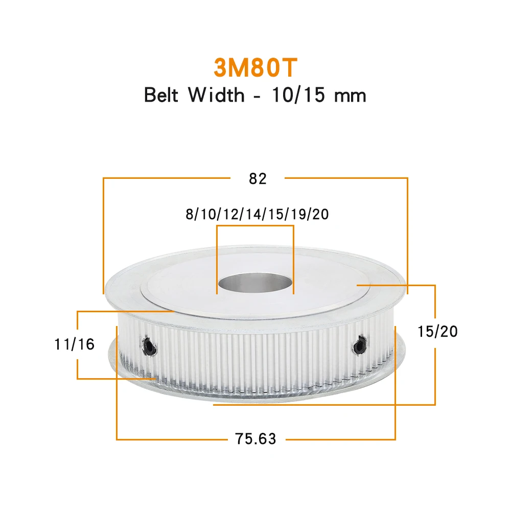 3M-80T Electric Motor Pulley Bore 8/10/12/14/15/19/20 mm Belt Pulley Alloy Material Match With Width 10/15 mm 3M Timing Belt