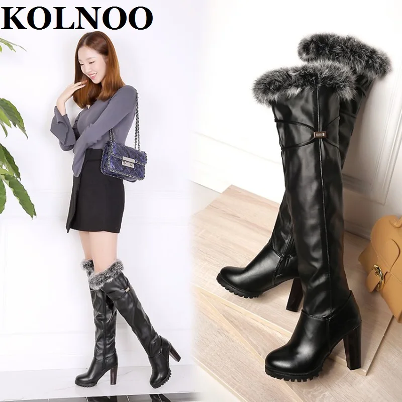 

KOLNOO New Style Handmade Womens Chunky Heels Boots Manmade-Fur Evening Party Over-Knee Booties Sexy Fashion Winter Long Shoes