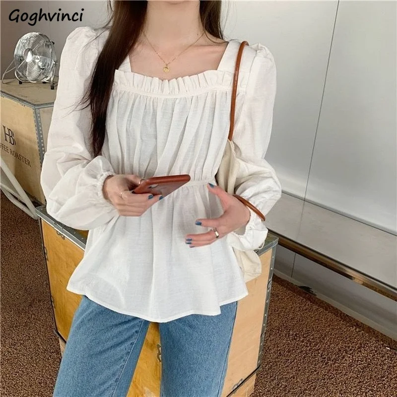 Blouses Women Solid Ruffles Design Fashion Korean Fall Casual Streetwear All-match Simple Chic Loose Shirring Elegant Students