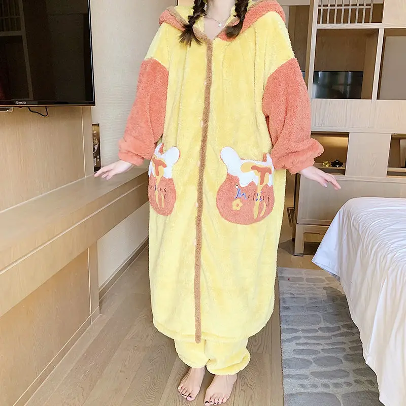 

Thick Nightgown Winter Pajamas Suit 2PCS Robe&Pants Female Sleep Set Sleepwear Coral Fleece Nightwear Casual Homewear Lingerie