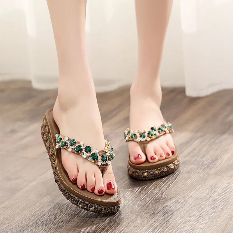 2020 Summer Fashion Rhinestones Wedges Flip Flops Women\'s Casual Beach Shoes Ladies Non-slip Platform Zapatos De Mujer