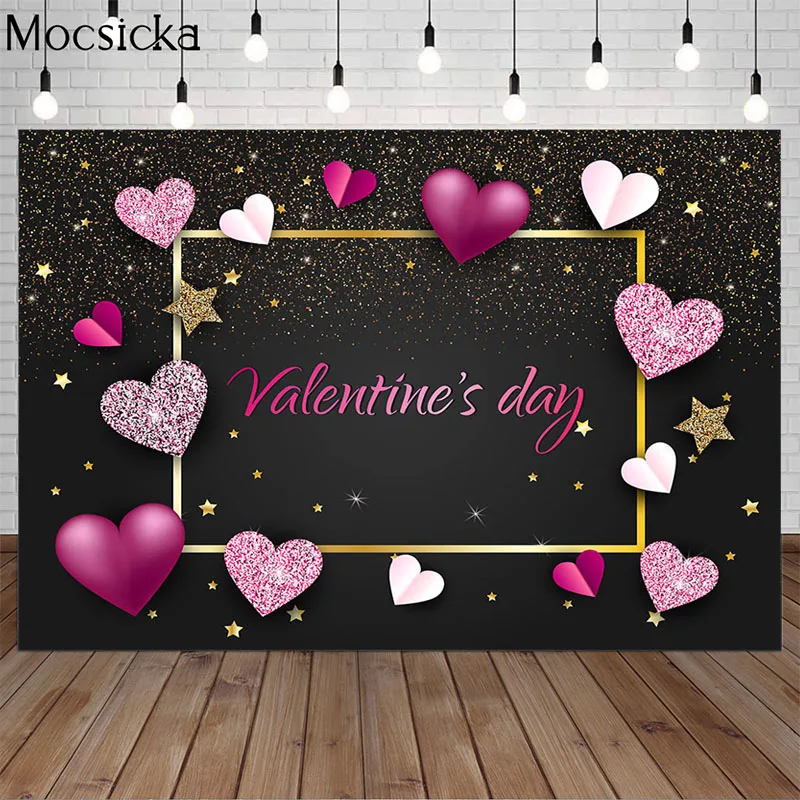 

Mocsicka Valentine's Day Pink Love Heart Backdrop Stars Gold Glitter Black Photography Background Romantic Party Decorative Prop