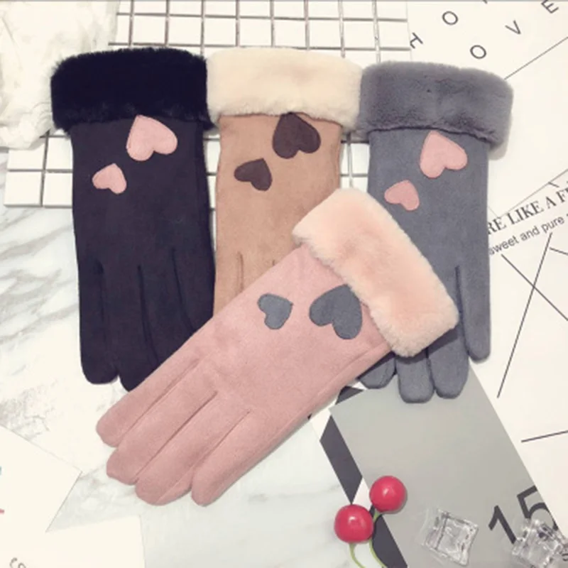 Winter gloves female winter warmth and thickened two layers cute students cold-proof riding can touch screen suede gloves D91