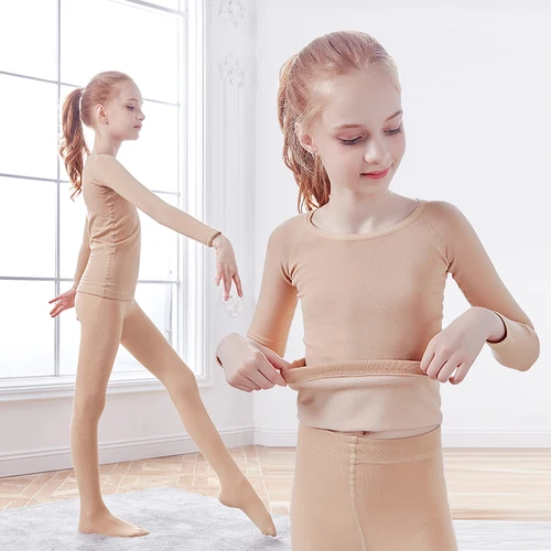 Ropa interior térmica para niñas, conjunto de ropa interior de Ballet elástica desnuda, medias de baile, leotardo para invierno