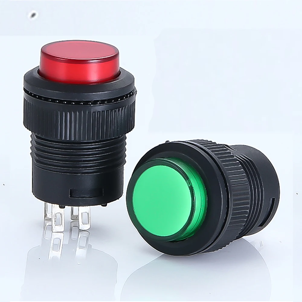 Auto-Lock Trava Interruptor de Botão Momentary, 5 Cor LED Lighting, 4Pin, R16-503 AD, R16-503 BD, 16mm, 5Pcs