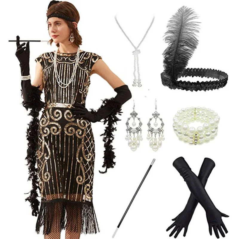 

Womens Great Gatsby Cosplay Chain Charleston 1920s Fringe Flapper Sequin Sleeveless Dress Robe Costume Party Bodycon Vestido