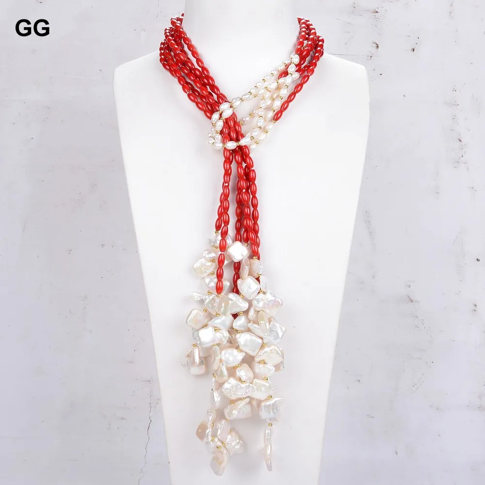 

GuaiGuai Jewelry 51" 3Strands Freshwater cultured white Keshi Pearl red Coral long loop Necklace