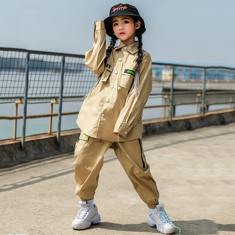 Children Hip Hop Costume Boys Khaki Suit Loose Long SLeeves Street Dancing Shirt Pants Girls Jazz Performance Clothes VDB2715