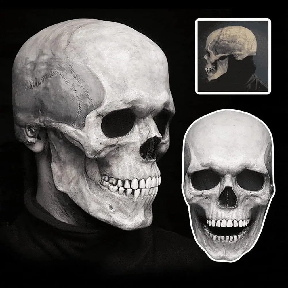 Halloween Realistic Skull Full Head Mask Creepy Party Mask Latex Face Cover Movable Jaws Club Party Costume Cosplay Props Funny