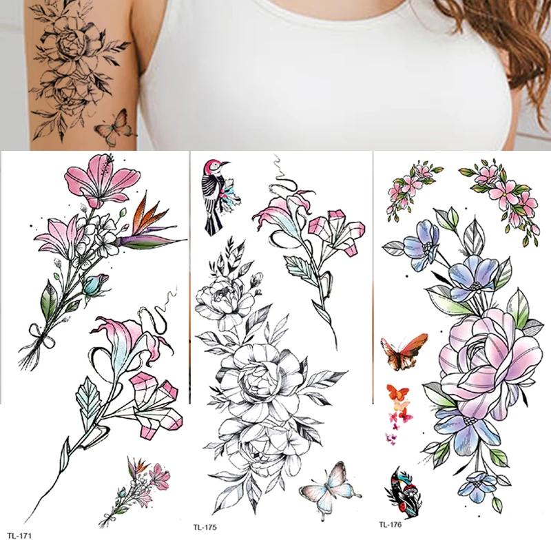 Autocollant de Tatouage Temporaire Étanche pour Femme, 3 Pièces, Fleur, Rose, Flash, Papillon, Dentelle, Art Corporel, Bras, Mode, Fausse Manche